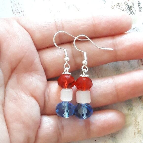 Boho Earrings 420# NEW artisan Red White Blue July 4th Silver Hooks 925Stamp - Picture 4 of 4